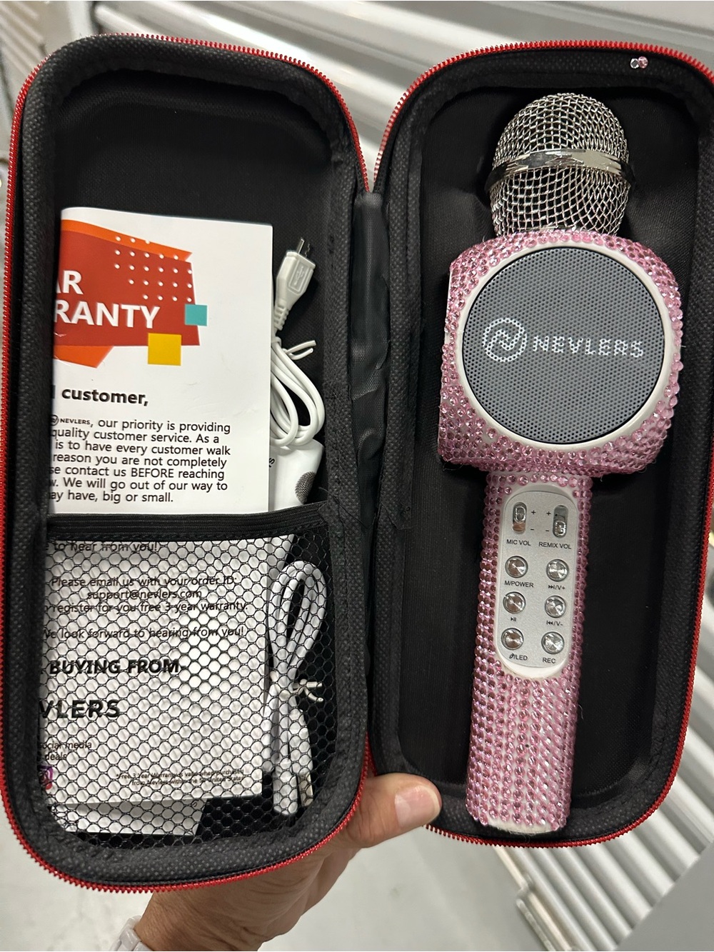 NEVIERS Pink Rhinestone Bluetooth Karaoke Microphone